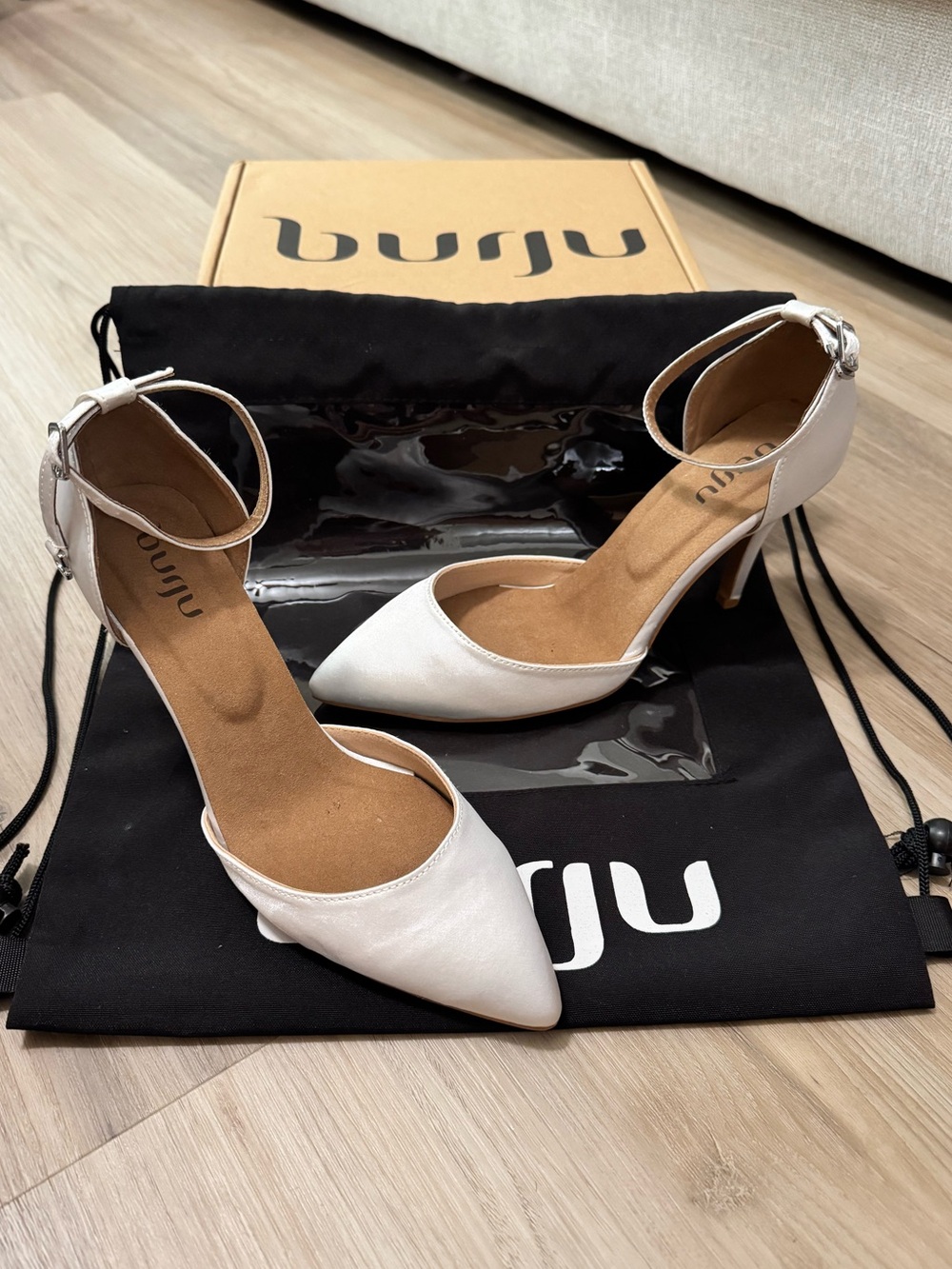 Burju Wedding Heels Bridal Pumps White Satin Stiletto w/ Ankle-Strap Size 7.5